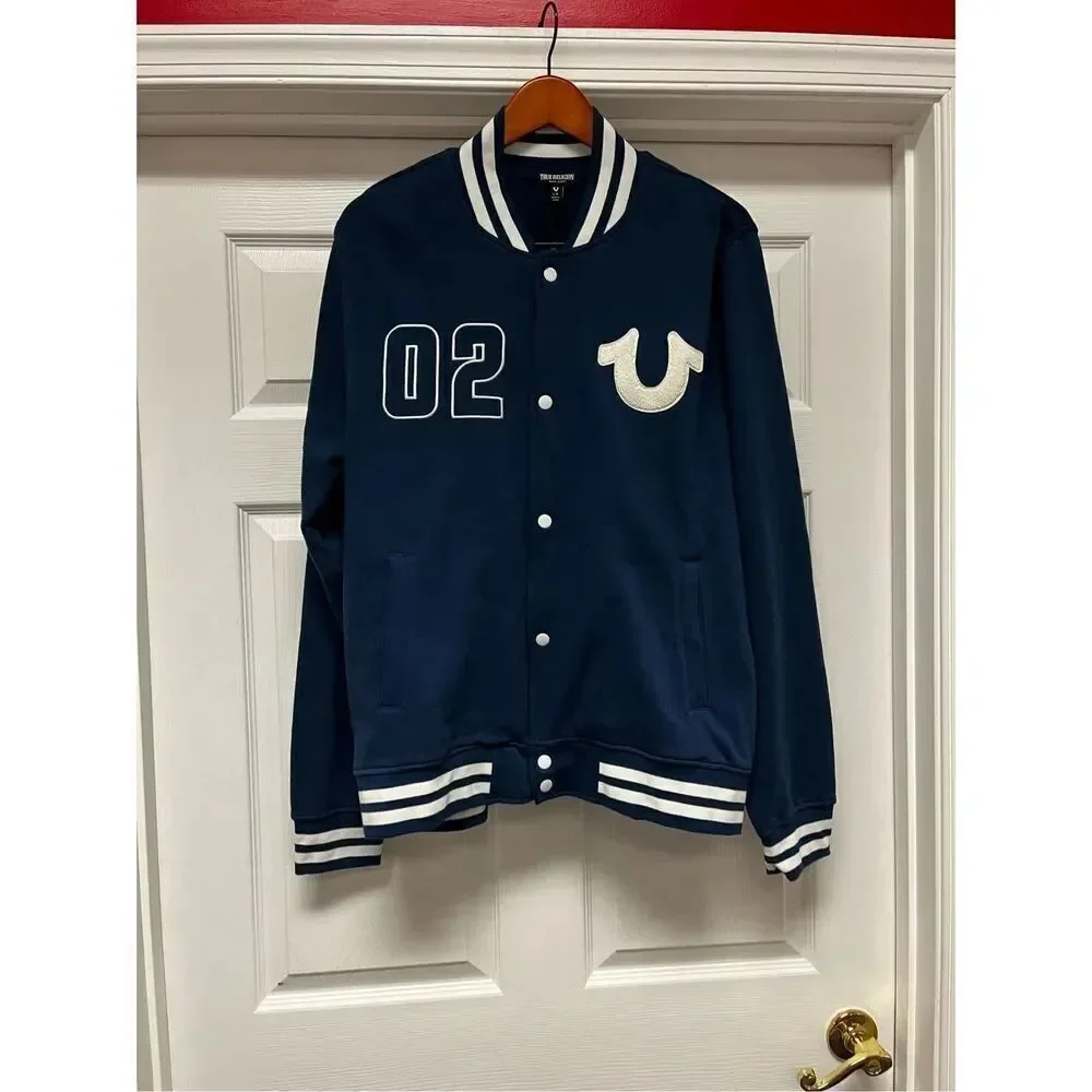 True Religion Navy Embroidered Insignia Varsity Jacket sz L NWT